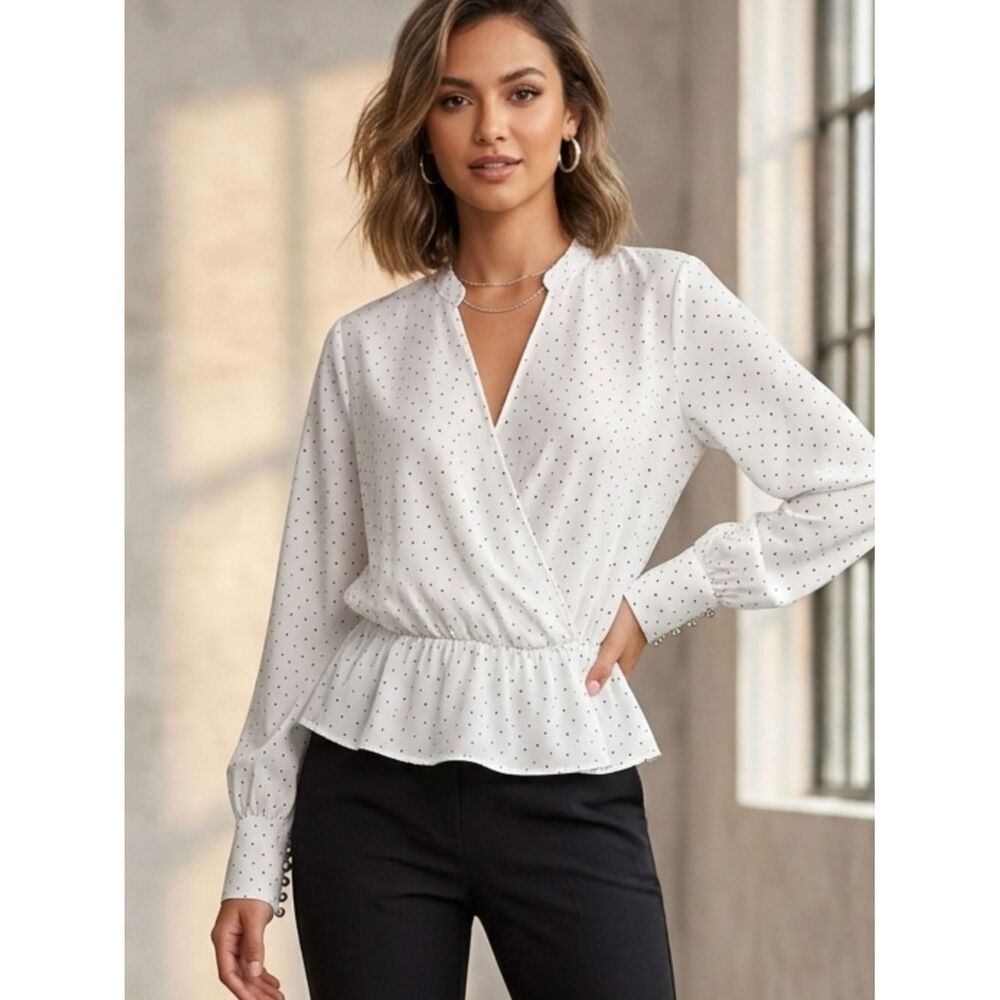 Express White Polka Dot Wrap Peplum Blouse Black Dots Long Sleeve Small